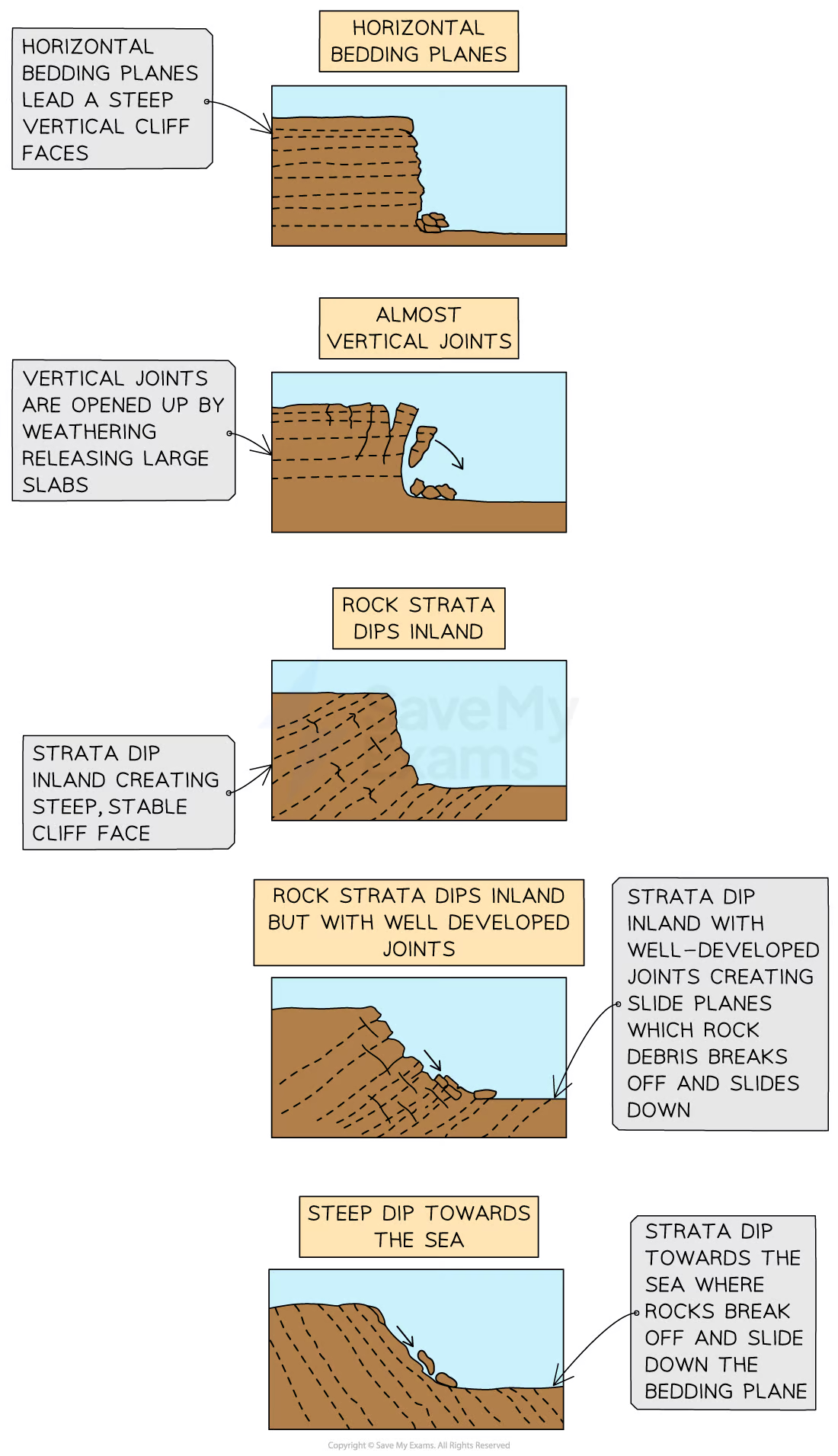 <p>Angle and height of the cliff face, includes other features (eg wave cut notches), is heavily influenced by lithology</p>