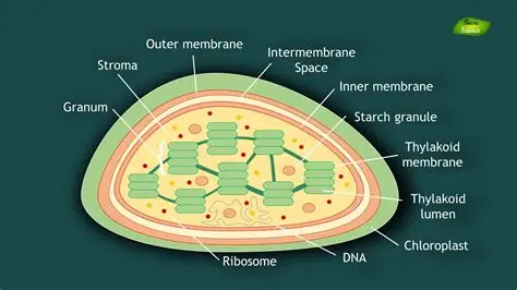<ul><li><p>bound by a double membrane&nbsp;</p></li><li><p>contains membranes called thylakoid membranes</p></li><li><p>membranes are stacked up in some parts of the chloroplast to form grana&nbsp;</p></li><li><p>grana are linked by lamellae - thin, flat pieces of thylakoid membrane&nbsp;</p></li><li><p>contains thick fluid called stroma&nbsp;</p></li><li><p>contain some DNA</p></li></ul><p></p>