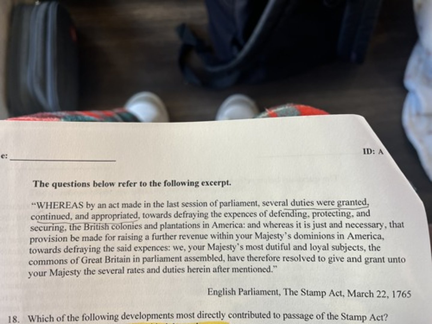 <p>which of the following most directly influenced colonial reaction to the ideas expressed in the excerpt</p>