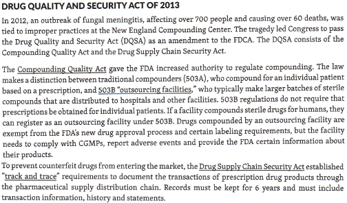 <p>The <u>Drug Quality and Security Act (DQSA) of 2013</u> differentiated between <strong>compounding pharmacies (503A)</strong> and<strong> outsourcing facilities </strong>(<strong>503B</strong>) and <strong>gave oversight of large-scale compounding facilities</strong> to the <strong><u>FDA</u></strong>.</p>