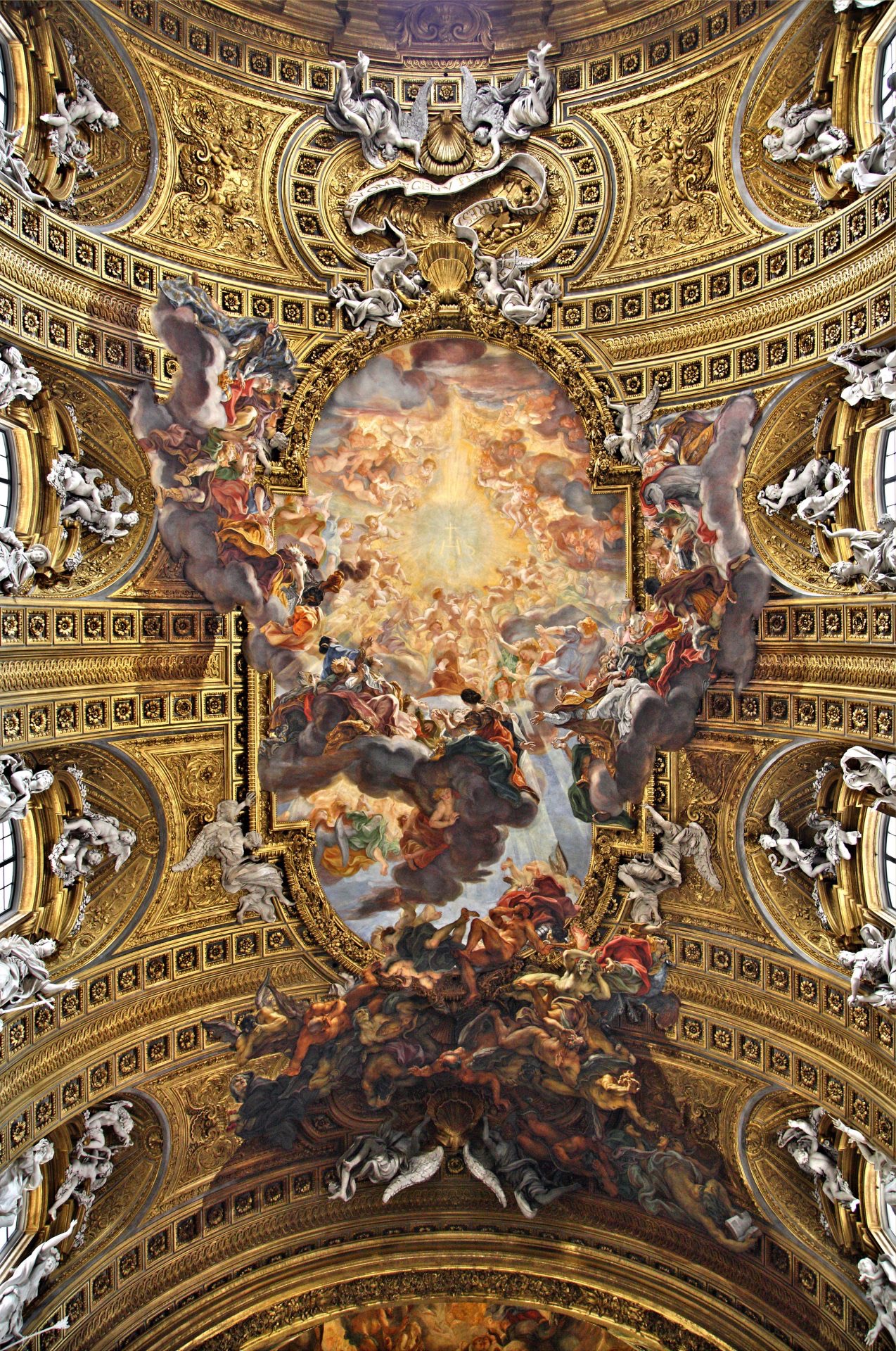 <p>century/movement, artist, name, where was this found, what did the churches leaders do and what was their job, how did this artists create the shadows around this ceiling painting, what did this artist add to create this texture, what is the greek abbreviation for Jesus- how do we see this within the painting, what extends through the letters and what is the symbolic reference, why are the figures arranged in a semi-circle, who are the people around Jesus, who are the people below the clouds, who do they represent in heaven and hell, how do we know this is representing these people</p>