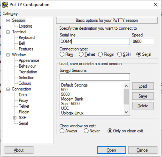 <p>By using “PuTTY or other terminal emulator , select “Serial” as the connection type and change the “Serial Line” to match the COM port noted earlier . The serial console speed is typically 9600 . Then click “Open” to connect to the console</p>