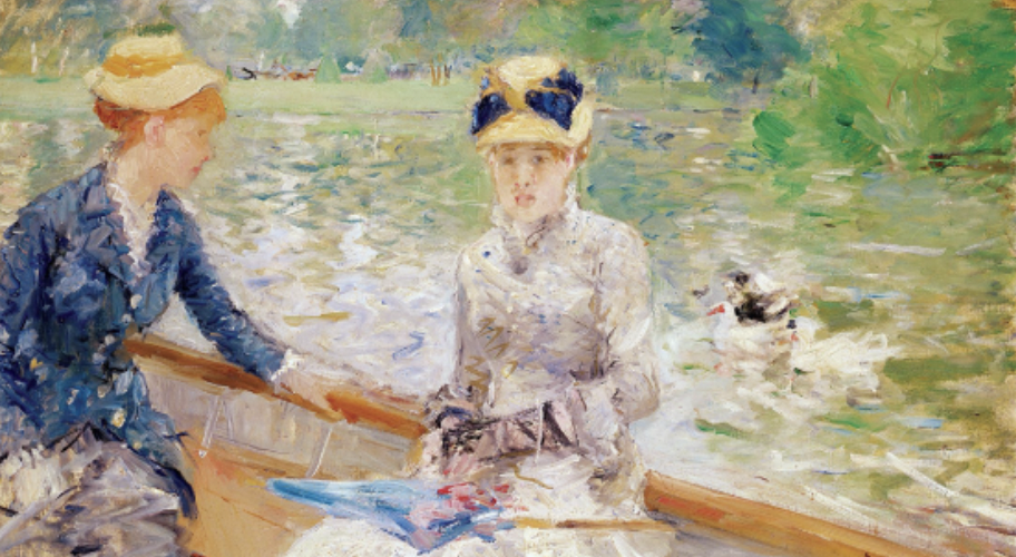<p>oil on canvas, National Gallery of London (Lane Bequest, 1917)</p><p>two women, one looking at the ducks, one looking at the viewer very worried</p><p>water is a bit more cloudy and reflective colors</p><p>figures are less defined</p><p>added sense of concern and anxiety</p><p>Morisot - liked to paint pictures of mothers and children, discreet brush work, influenced by Monet, nature pictures</p>