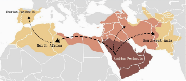 <p>Islam originated in the Arabian Peninsula and spread outward. The colored regions above mark the Islamic Caliphate in the 8th century.</p><p><strong>Caliphate</strong> - the rule or reign of a caliph or chief Muslim ruler following the death of the Prophet Muhammad</p>