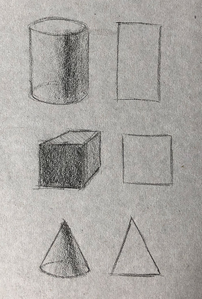 3D either implied 2D looking 3D and sculptures  