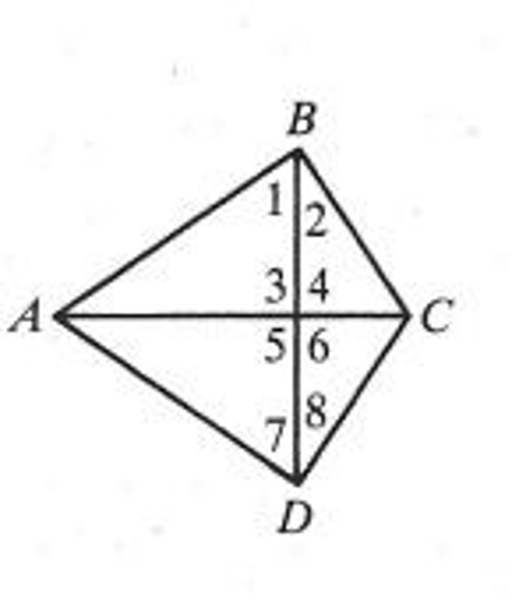 <p>Angle B is congruent to Angle D.</p><p>Angle BCA is congruent to Angle DCA</p><p>AC is congruent to AC</p><p>Triangle ABC is congruent to Triangle ADC</p>