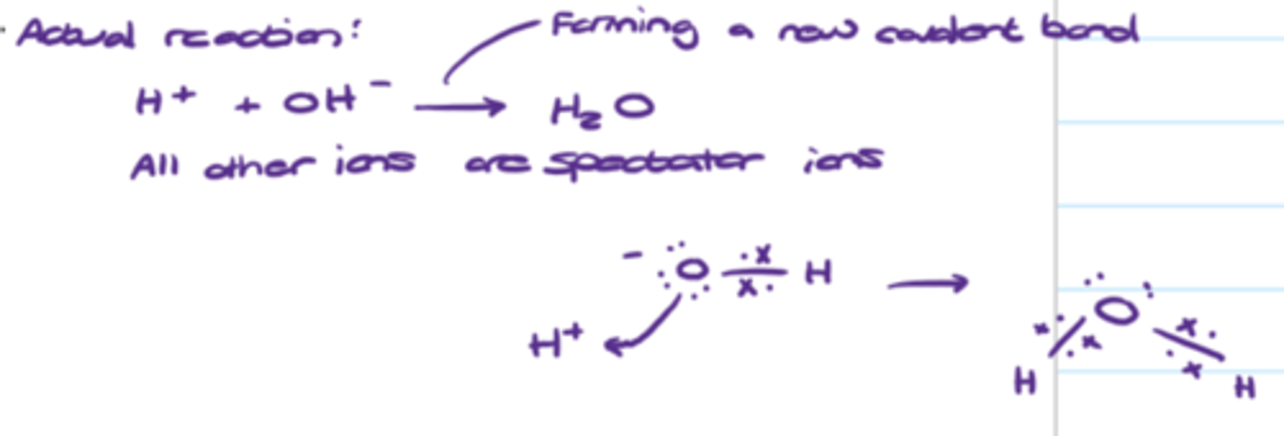 <p>The overall reaction is between H+ and OH- ions to form water via covalent bonding. All other aqueous ions in solution are spectator ions</p>
