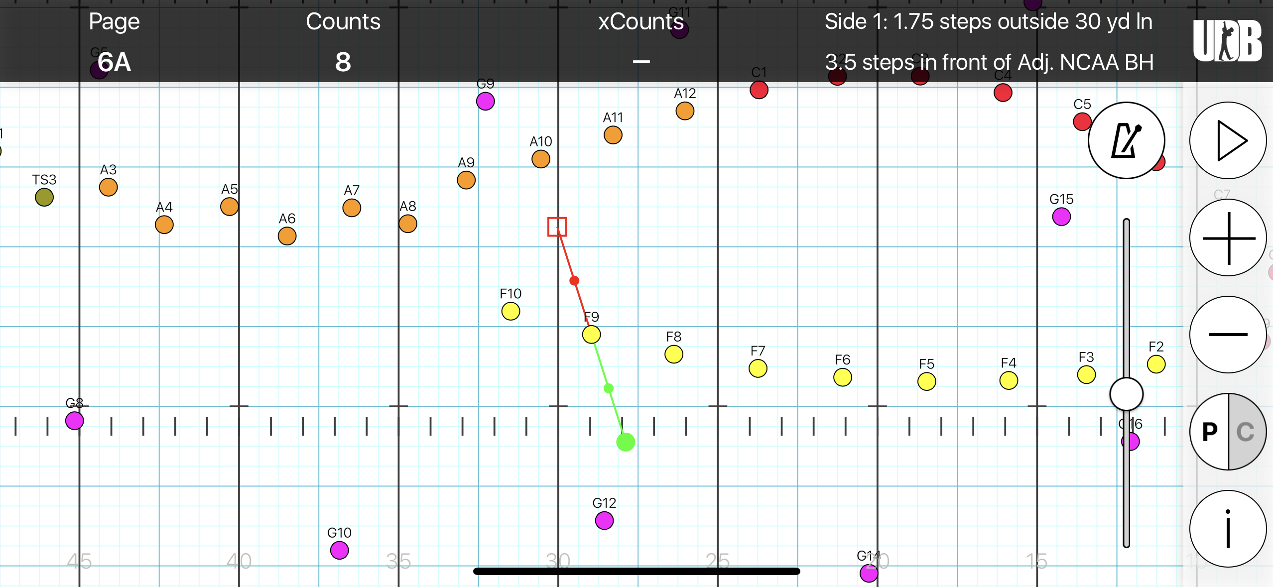 <p>STS: Side 1, 1.75 steps outside of 30 yd ln</p><p>FTB: 3.5 steps in front of BH</p><p>SS: 11.25 to 5 for 8 counts</p><p>XC: N/A</p>