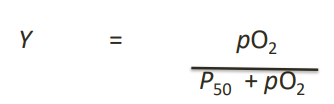 <ul><li><p>By dividing through by [Mb]</p></li><li><p>Where:</p><ul><li><p>Y: fractional saturation</p></li><li><p>P<sub>50</sub>: equilibrium constant</p></li><li><p>pO<sub>2</sub>:​ oxygen concentration in terms of partial pressure</p></li></ul></li></ul><p></p>