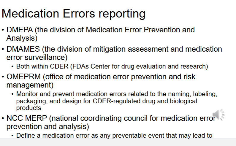 <p>naming and labeling</p><p></p><p><strong>LO: OMEPRM monitors and prevents medication errors related to the naming and labeling</strong></p>
