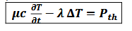 <p><em>se retrouve en :&nbsp;</em></p><ul><li><p><em>appliquent la loi de Fourier : jth<sup>→</sup>&nbsp;= -λgrad<sup>→</sup>T</em></p></li><li><p><em>remplacer j<sub>th</sub>&nbsp;par son expression à l’aide de la loi de Fourier dans l’équation du bilan d’énergie</em></p></li><li><p><em>composer le gradient et le divergent pour faire apparaitre le laplacien</em></p></li></ul><p></p>