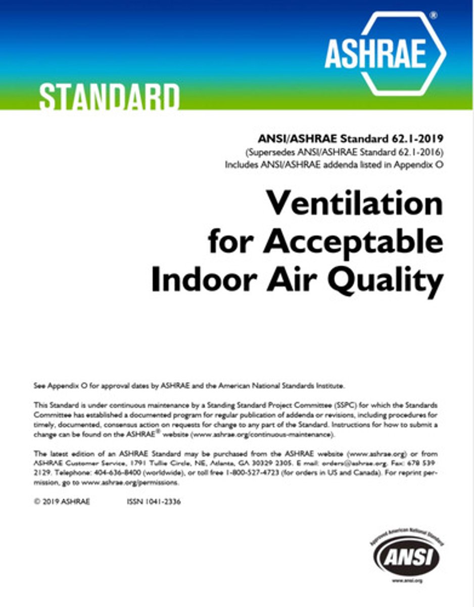 <p>A standard that specifies minimum ventilation rates and other measures intended to provide indoor air quality that is acceptable to human occupants and that minimizes adverse health effects, and is the recognized standard for ventilation system design and acceptable indoor air quality.</p>