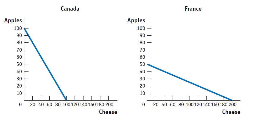 <p>(Figure: Comparative Advantage) Canada has an absolute advantage in producing:</p><p>(A) cheese only</p><p>(B) apples only</p><p>(C) neither apples nor cheese</p><p>(D) both apples and cheese</p>