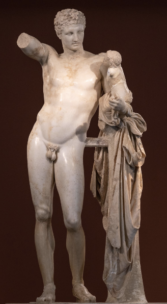 Hermes and the infant Dionysus<br />By Praxiteles ca 340 BCE<br />From the Hera temple in Olympia<br />Olympia Museum