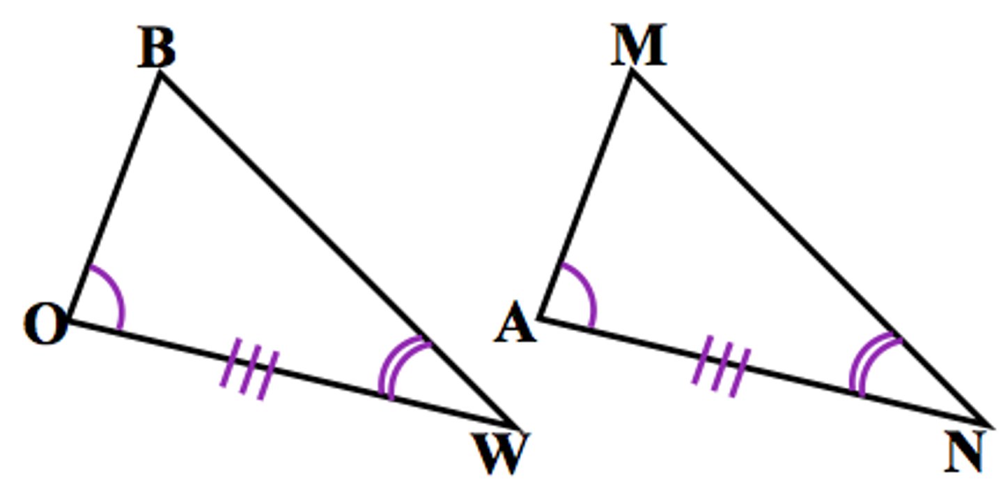 <p>If two angles and the included side of one triangle are congruent to two angles and the included side of another triangle, <br>then the two triangles are congruent.<br><br>Given: ∠O ≅ ∠A, OW ≅ AN, ∠W ≅ ∠N <br><br>Prove: ∆BOW ≅ ∆MAN</p>