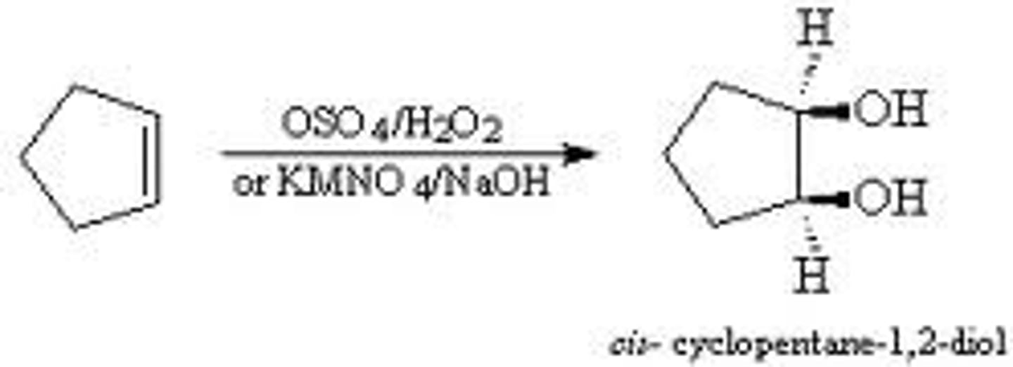 <p>Converts an alkene to a 1,2 diol</p><p>Involves the cis-addition of an OH group to each carbon of a double bond</p>