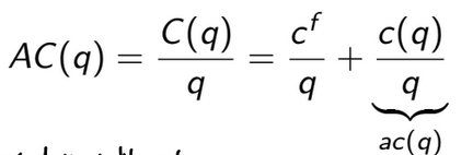 <p>Cost per unit of output</p><ul><li><p>AC(q): average total cost</p></li><li><p>ac(q): average variable costs</p></li></ul><p></p>