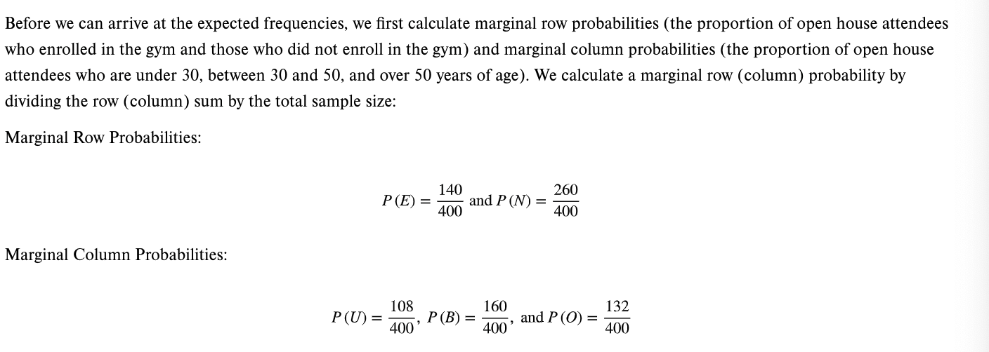 We can calculate a marginal row/column probability by dividing the row/column sum by the total sample size