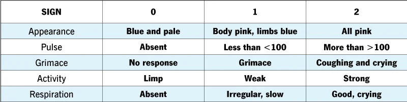 an assessment of a newborn’s overall condition at 1 min & 5 min after birth that is based on the newborn’s activity level, pulse, grimace, appearance, & respiration