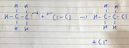 <p>an ethyl free radical attacks a Cl molecule to form chloroethane and a Cl atom, a chain reaction occurs</p>