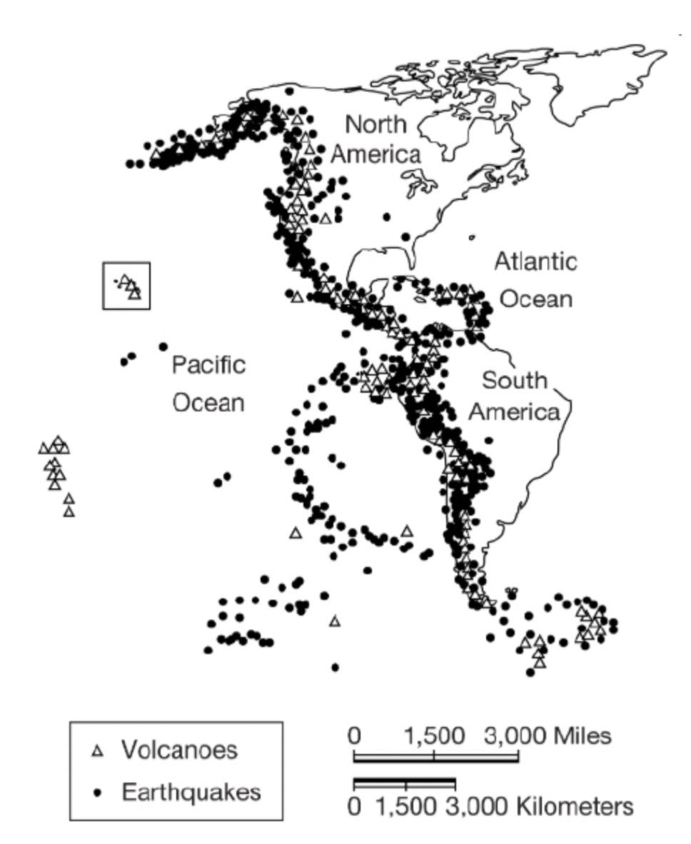 <p><span>The map&nbsp; shows the locations of known volcanoes and earthquakes. Which of the following explains what is being illustrated in the enclosed area in the northwest portion of the map?</span></p>