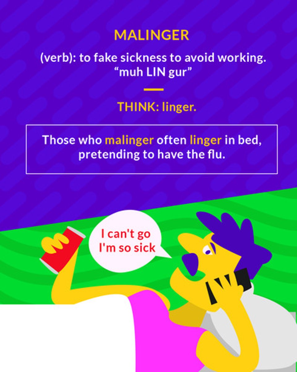 <p>(v.) to pretend illness to avoid duty or work, lie down on the job</p><p>(verb) to fake sickness to avoid working</p>