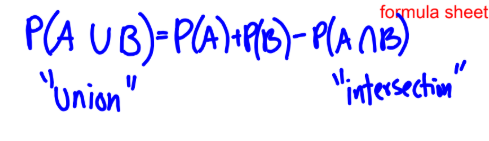<p>if A and B r any two events resulting from some chance process then</p><p>P(A or B) = P(A) + P(B) - P(A &amp; B)</p>