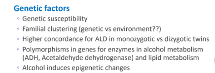 <p>alcohol (ADH, Acetaldehyde dehydrogenase); lipid </p>