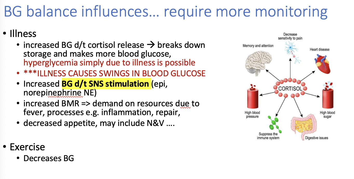 <p><strong>Increase blood glucose is due to cortisol release</strong> ==> breaks down storage and makes more blood glucose</p><ul><li><p><span style="color: green;"><strong>hyperglycemia simply d/t illness is possible</strong></span></p></li></ul><p></p><p><strong>**SO being on steroids increases cortisol release which increases BG</strong></p><p></p>