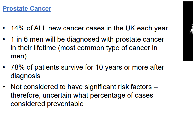 <ul><li><p>14% of all NEW cases</p></li><li><p>1 in 6 men</p></li><li><p>78% survive 10 years or more</p></li><li><p>no significant risk factors so don’t know how many cases are preventable</p></li><li><p>often asymptomatic, lots have it without knowing</p></li></ul><p></p>