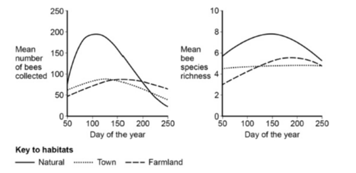 <p>Yes, natural best, because <br><br>1. Peak of (mean) bee numbers in natural habitat is highest; <br>2. The (mean) number of bees was higher in the natural habitat until day 200; <br>3. (Mean) species richness in natural habitat higher at all times; <br><br>No, natural not best, because <br><br>4. Lowest (mean) number of bees after day 220; 4<br><br>Yes, town worst, because <br><br>5. Peak of species richness higher in both natural and farmland <br>OR Species richness lowest in town from day 125; <br><br>No, town not worst, because <br><br>(Mean) species richness is lower in farmland until day 125; <br>7. Similar (mean) number of bees to farmland; <br><br>OR (Mean) number of bees lower in farmland until day 140; <br><br>General, no, because <br><br>8. Index of diversity of bees not measured <br>OR The number of bees of each species is not known;</p>