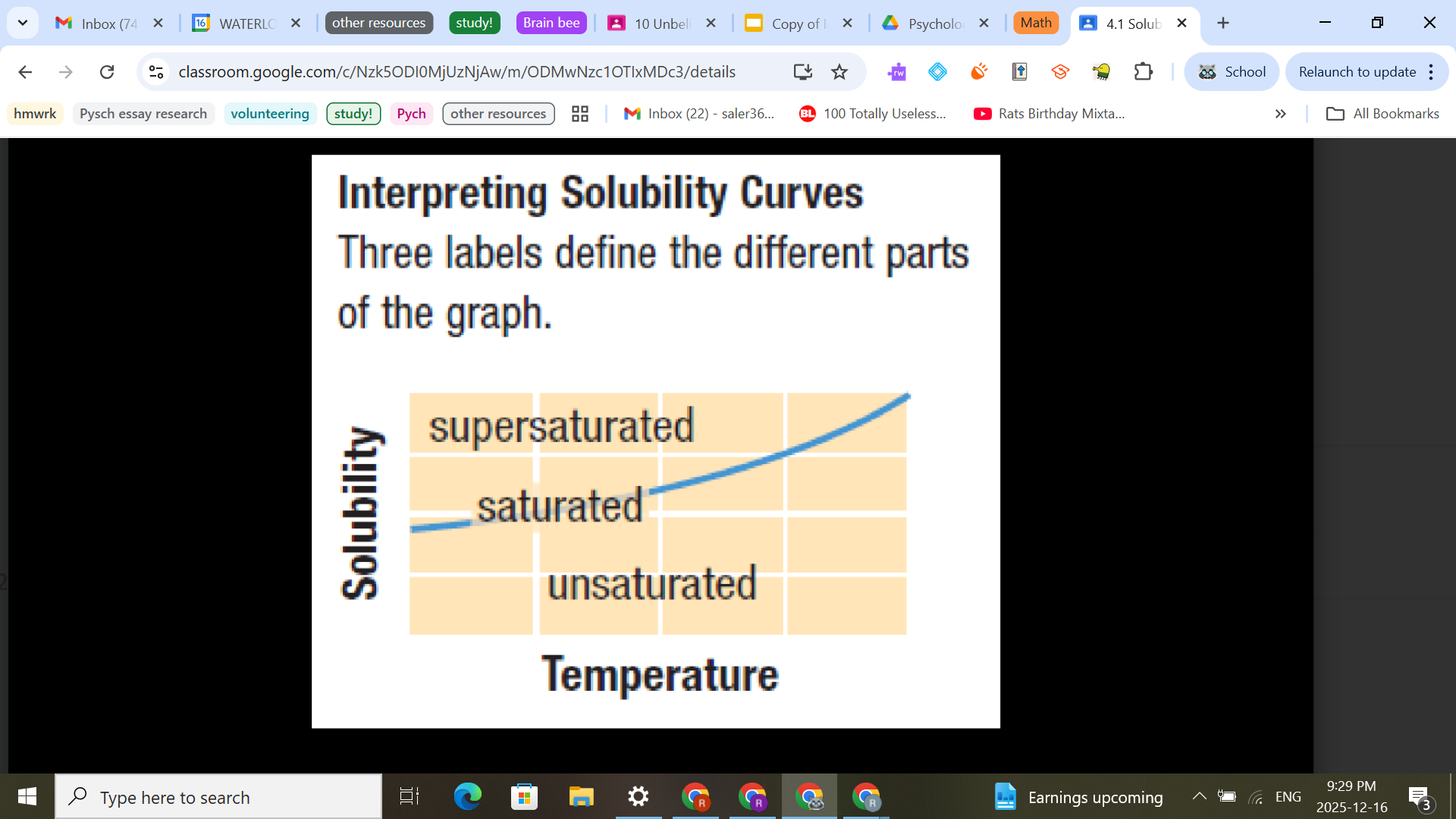 <ul><li><p>Points directly <strong>on the curve</strong> represent a <strong>saturated </strong>solution.</p></li><li><p>Points <strong>below the curve</strong> represent an <strong>unsaturated</strong></p></li><li><p>solution.</p></li><li><p>The<strong> vertical difference</strong> (subtraction) between a point <strong><em>below </em></strong>the curve and a point <strong><em>on </em></strong>the curve represents the additional mass of solute/100 g H2O required to <strong>saturate </strong>the solution <strong>at that temperature.</strong></p></li><li><p>Points <strong>above </strong>the curve represent a <strong>supersaturated</strong> solution.</p></li><li><p>The <strong>vertical difference</strong> (subtraction) between a point <strong><em>above </em></strong>the curve and a point <strong><em>on </em></strong>the curve represents the mass of solute/100 g H2O that will <strong>crystallize </strong>out of the solution<strong> at that temperature</strong> (basically says when precipitate will be formed)</p></li></ul><p></p>