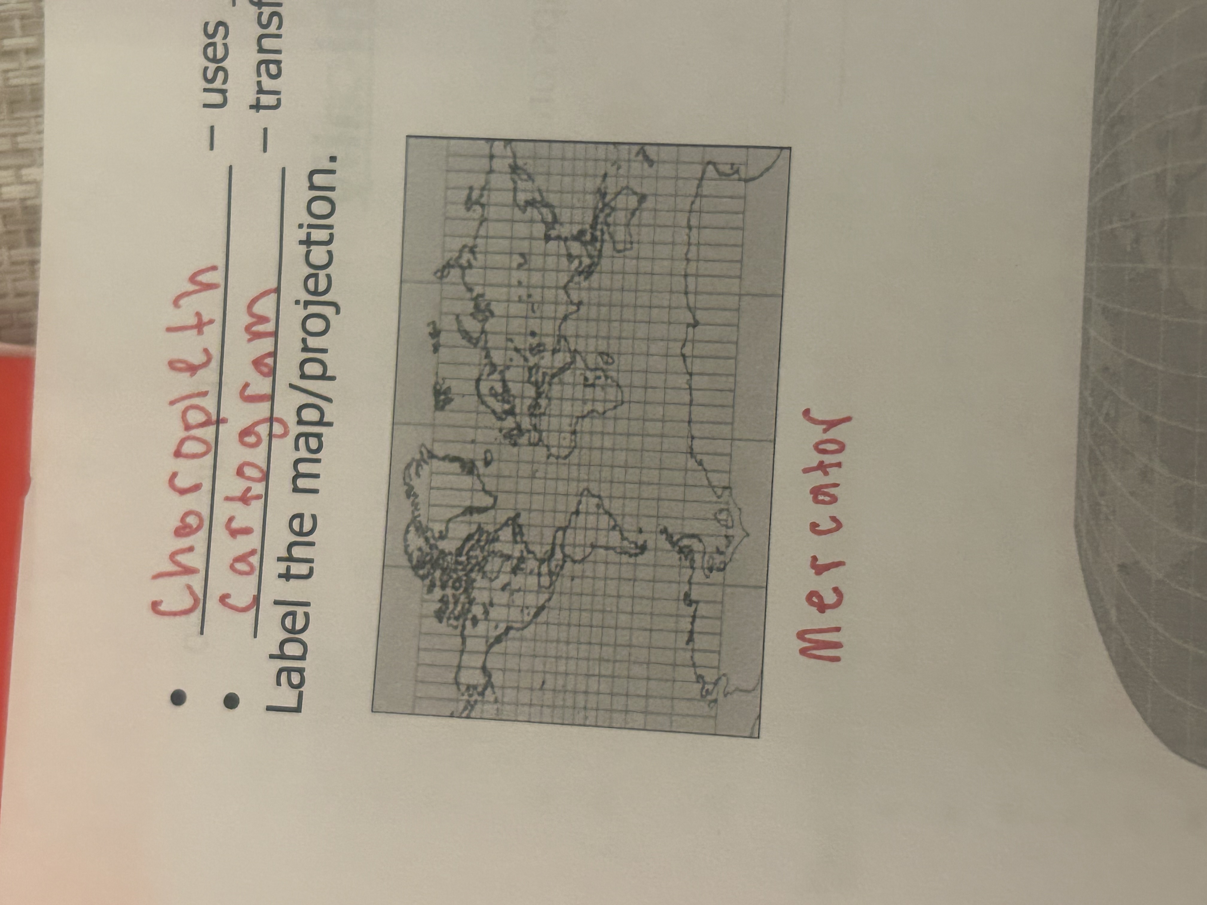 <p>preserves direction but distorts area (higher altitudes distorted - Greenland appears huge) </p>