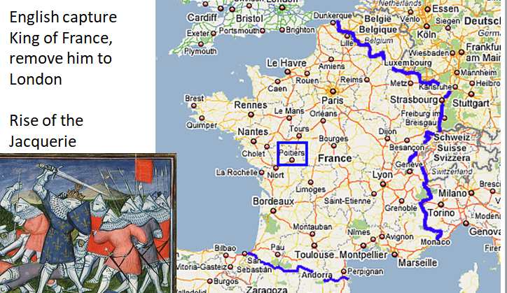 <p>English victory in the Hundred Years’ War; notable for capturing the French king, John II.</p><p>English capture King of France, remove him to London </p><p>Rise of Jacquerie </p>