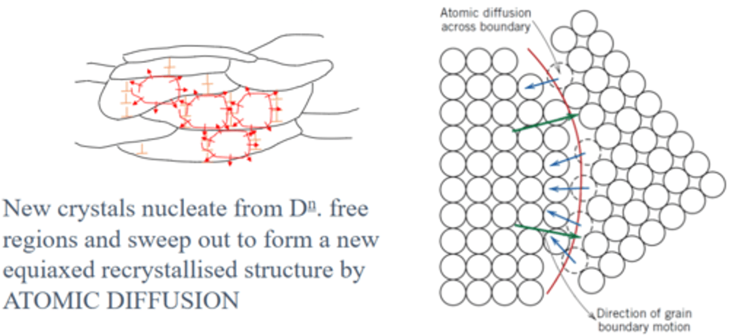 <p>New, strain-free grains form in dislocation free regions and replace the deformed, worked-hardened ones. Atoms diffuse across grain boundaries so that the new strain-free grains expand. Hardness and strength drops but ductility is restored</p>