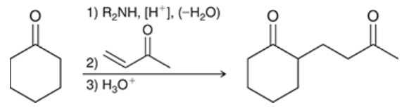 <p>a type of Michael reaction in which an enamine is the nucleophile</p><p>ketone is converted into enamine by treatment with secondary amine</p><p>enamine reacts with a suitable Michael acceptor and generates an intermediate that is both iminium ion and enolate ion</p><p>treated with aqueous acid, both groups get converted into carbonyls</p><p>three steps: </p><p>1) enamine formation</p><p>2) Michael addition</p><p>3) hydrolysis</p>