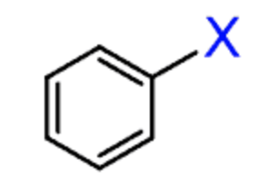 <p>an alkyl halide with the halogen directly bonded to a ring</p>