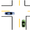 <p>Which car must yield right of way?  Hint the blue car is in the intersection.</p>