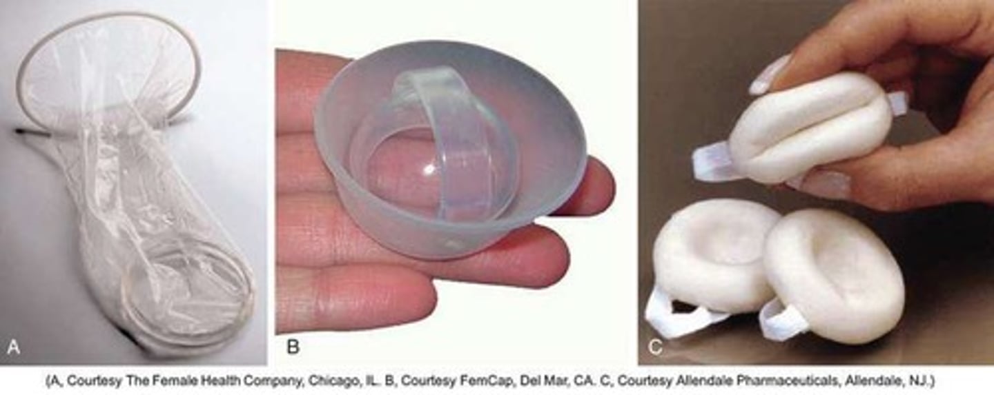 <p>Spermicides, condoms (male and female), diaphragm, cervical cap, and contraceptive sponge.</p>