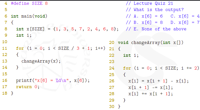 <p>What is the output?<br>A) x[6] = 6</p><p>B) x[6] = 8</p><p>C) x[6] = 4</p><p>D) x[6] = 7</p><p>E) None of the above</p>