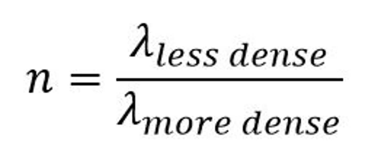 <p>n = wavelength less dense / wavelength more dense</p>