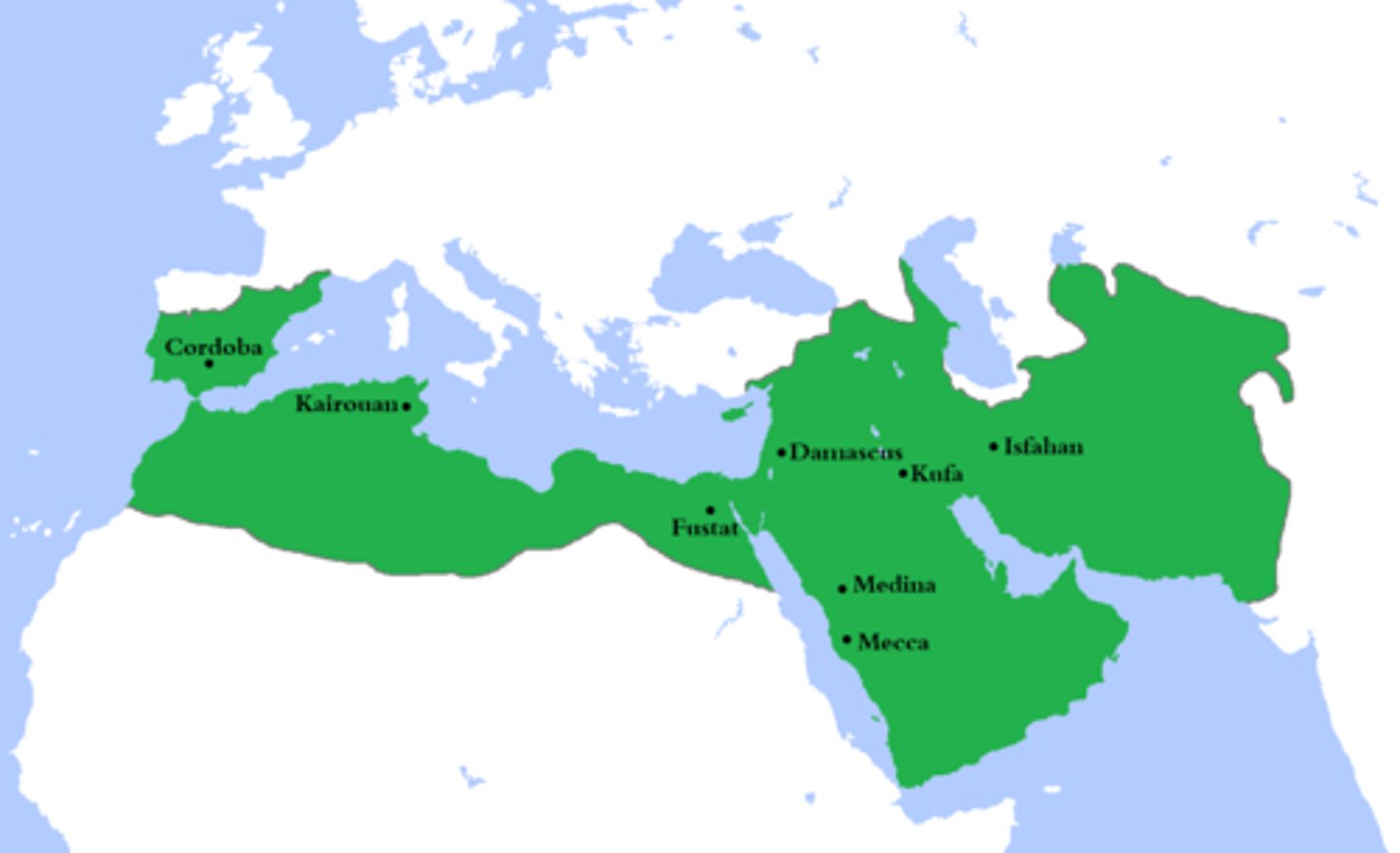 <p>The Umayyad family took control of the Islamic Empire, founding the Umayyad Dynasty and ruling from Damascus. They expanded by invading Spain in the west and India in the east.</p>