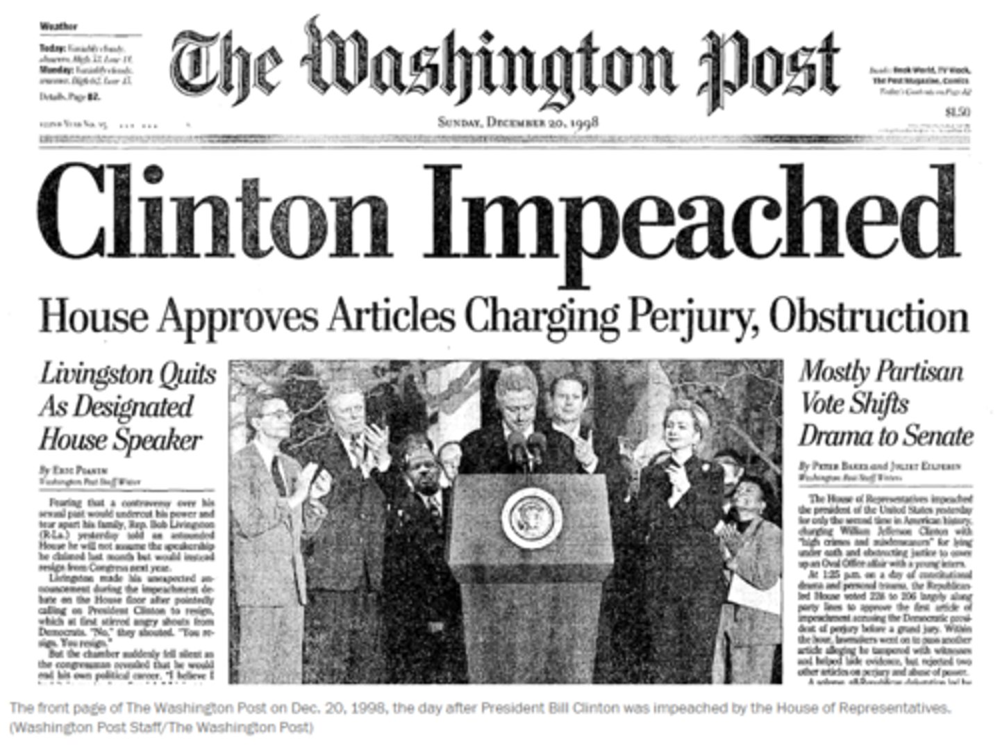 <p>lied under oath, impeach by the House but not convicted in the Senate</p>