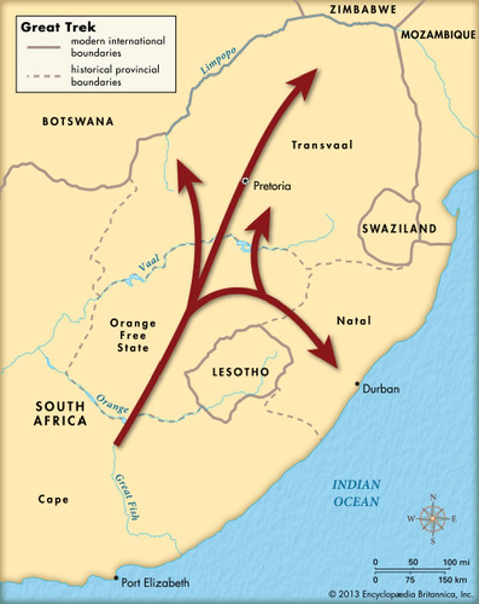 <p>The migration of thousands of Afrikaners to vast S African interior, away from British rule (trying to be independent) - Defining moment of Afrikaner identity, formed independent republics</p>