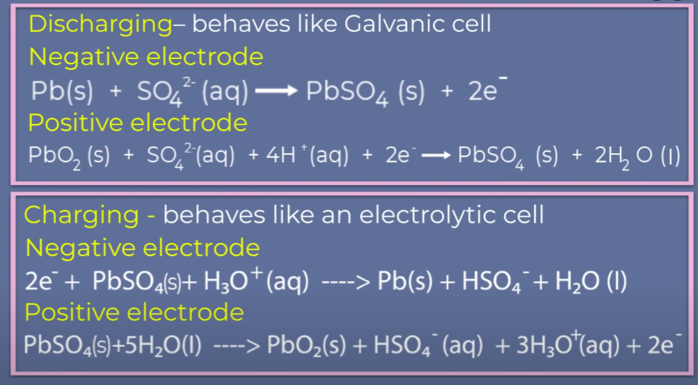 <p>The most important secondary cell is the lead storage battery commonly used in automobiles and invertors. It consists of a lead anode and a grid of lead packed with lead dioxide (PbO2 ) as cathode. A 38% solution of sulphuric acid is used as an electrolyte.</p>