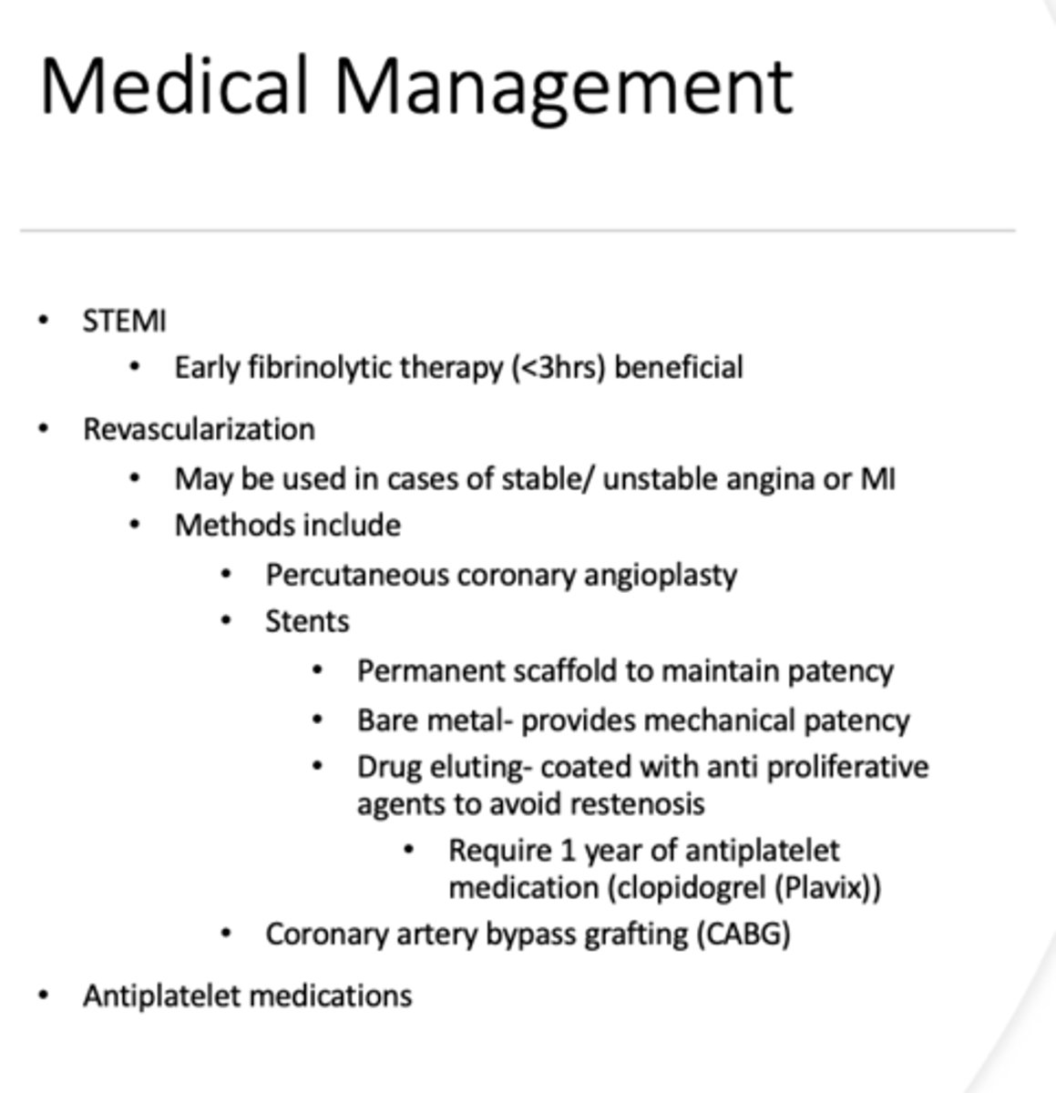<p>- Percutaneous coronary angioplasty</p><p>- Stents (bare metal vs drug eluting stents)</p><p>- Coronary artery bypass grafting (CABG)</p>