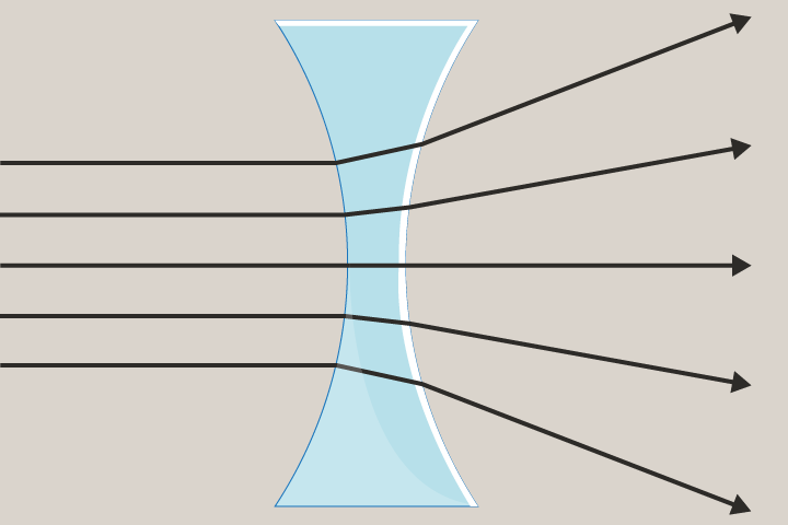 <p>A lens that is curved inwards and is thinner in the middle. Concave lenses cause light light rays to diverge and produce smaller images. </p>