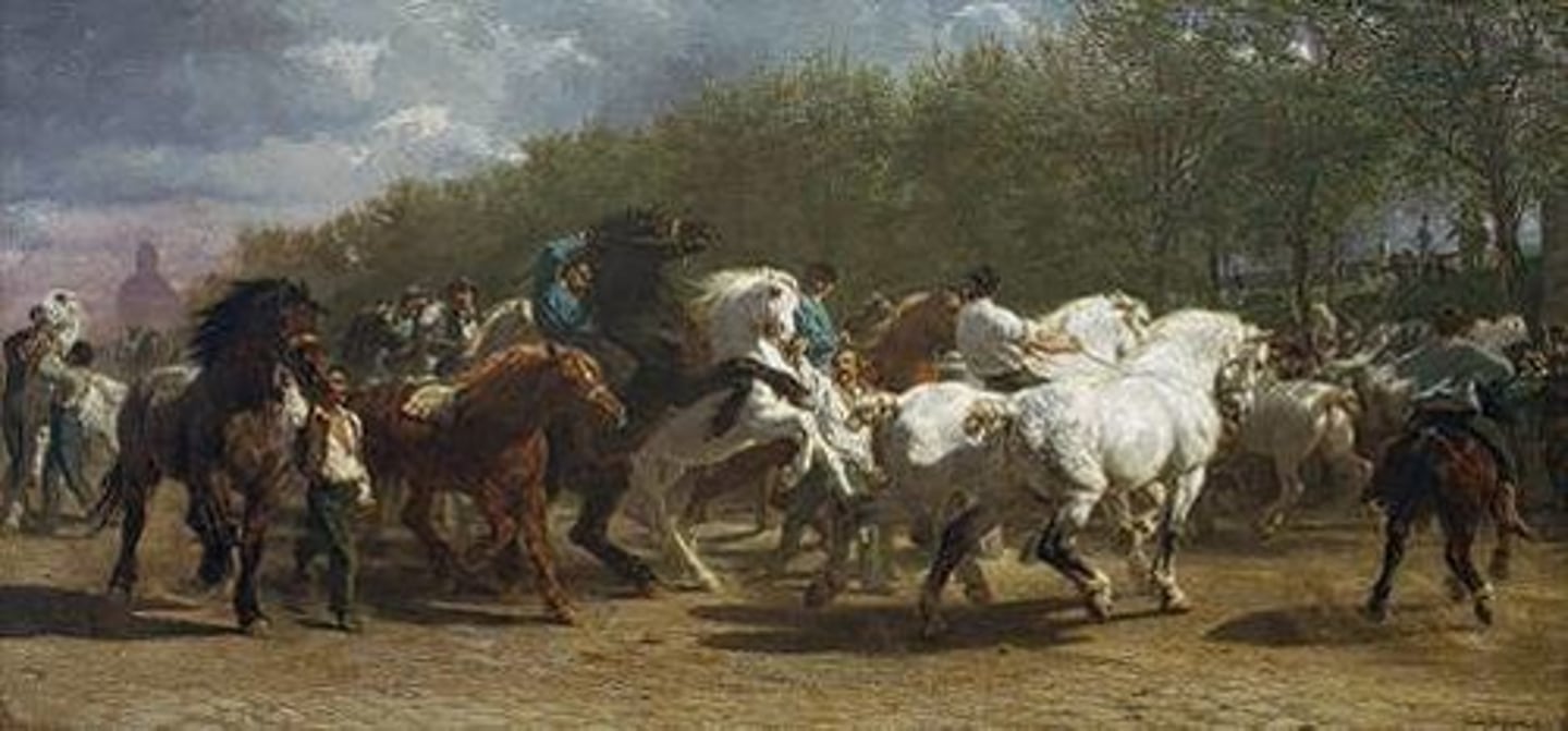 <p>Elevating Animal Painting: The Horse Fair (1853-1855) is crucial because it elevated the "low" genre of animal painting to the "high" status of history painting.</p><p>Scale and Scope: The massive size of the canvas (8 x 16 feet) mimics the scale of historical, religious, or allegorical works, demanding that viewers take her animal subjects as seriously as they would a grand, heroic scene.</p><p>Realism and Technique: The work represents a pinnacle of 19th-century Realism. Bonheur spent over a year researching by visiting the Paris horse market twice a week, leading to extraordinary anatomical accuracy and "real life" energy.</p><p>Significance: It was a masterpiece created by a woman in a male-dominated field, serving as a "Parthenon frieze" of modern life.</p>