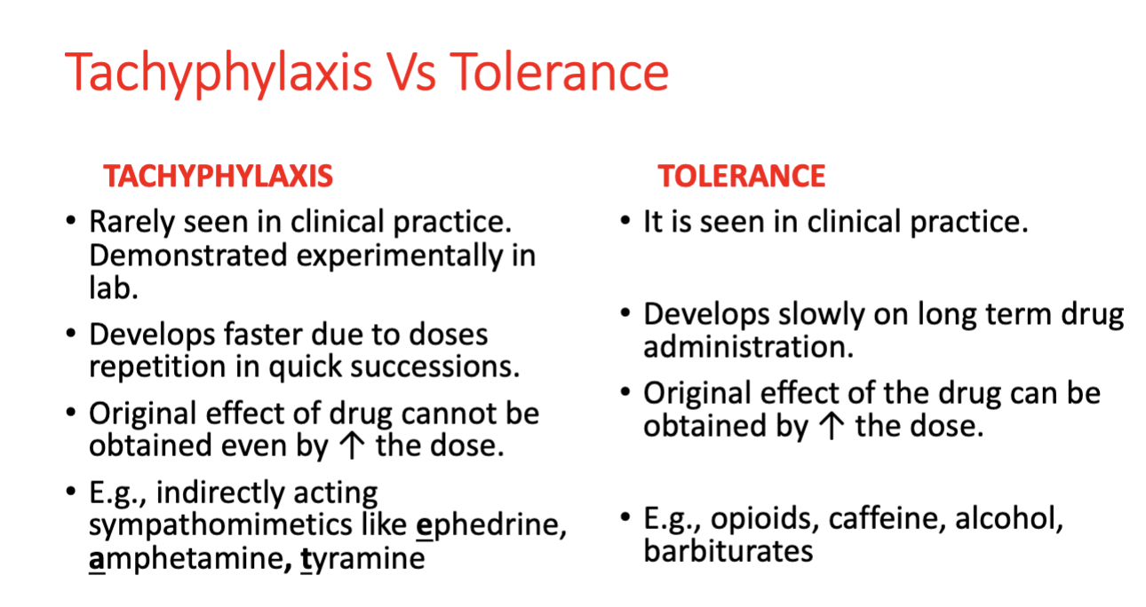 <p>Tolerance that develops after repeated drug exposure; may involve pharmacokinetic, pharmacodynamic, or acute tolerance/tachyphylaxis mechanisms.</p>