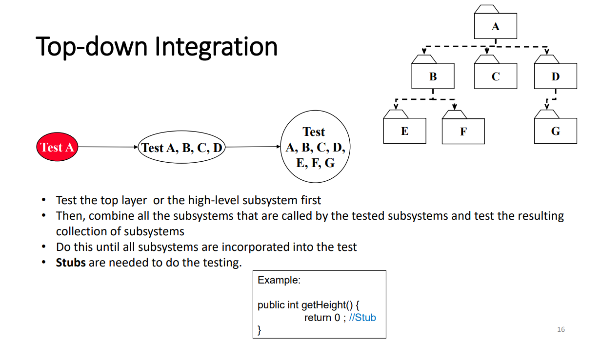 <p>• Test the top layer or the high-level subsystem first </p><p>• Then, combine all the subsystems that are called by the tested subsystems and test the resulting collection of subsystems </p><p>• Do this until all subsystems are incorporated into the test </p><p>• Stubs are needed to do the testing.</p>